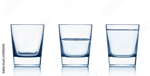 Empty,half and full water glasses . Isolated on white background photo