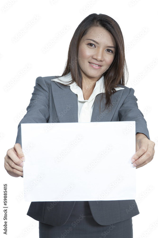 Young Asian business woman attractive brunetee showing blank sig Young Asian business woman attractive brunetee showing blank sig