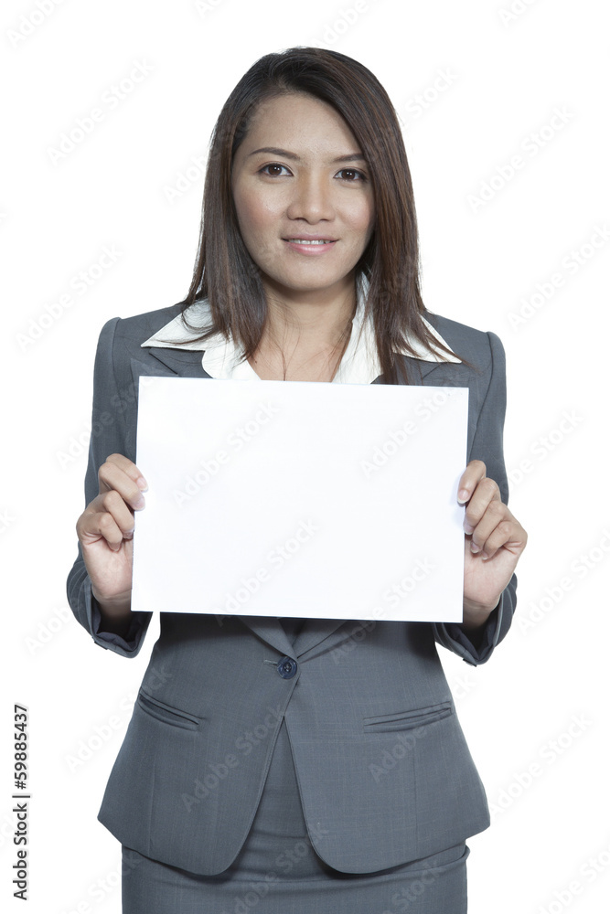 Young Asian business woman attractive brunetee showing blank sig Young Asian business woman attractive brunetee showing blank sig