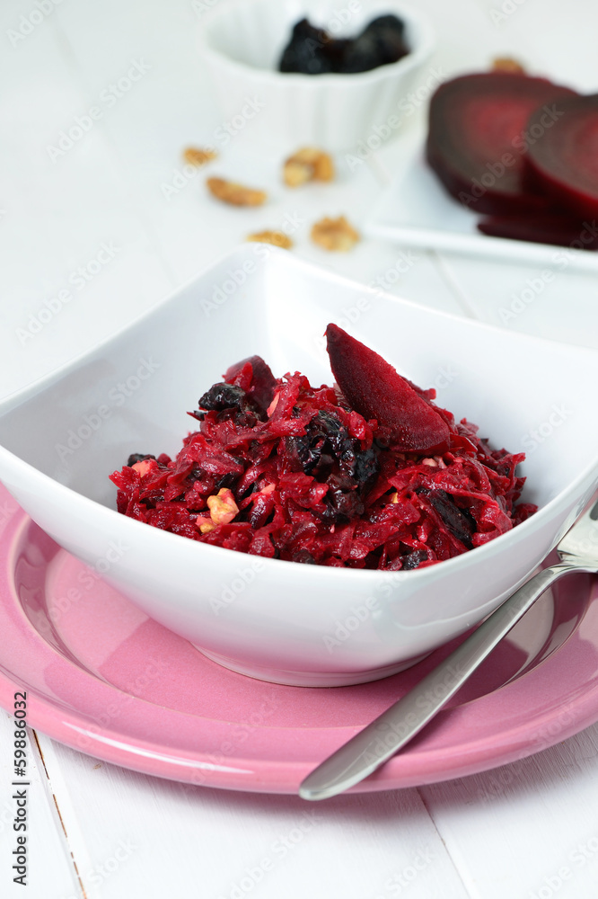 Salad with red beet, dried plums and walnuts Salad with red beet, dried plums and walnuts