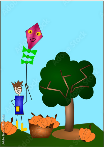 Herbst, junge, kürbis, baum, drachen