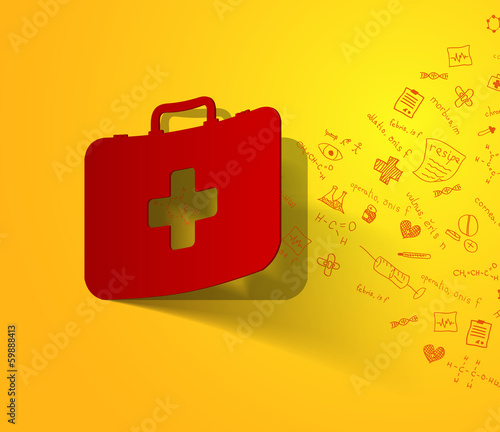 medical case, paper sticker with formulas on the background