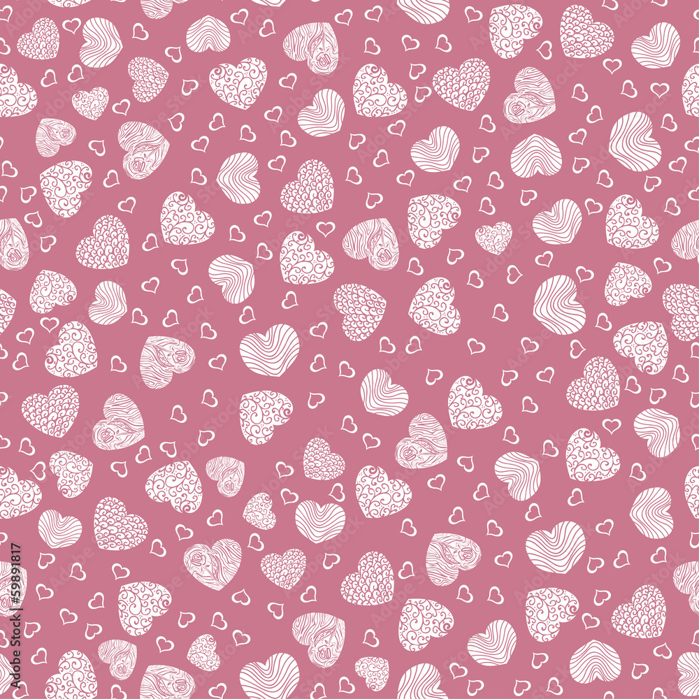 Seamless pattern with small white hearts on a pink background - obrazy, fototapety, plakaty 