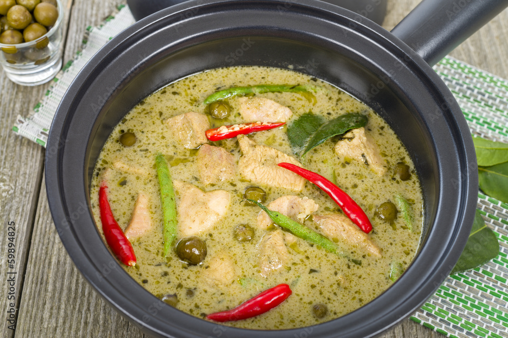 Thai green chicken curry with baby aubergines and snake beans Thai green chicken curry with baby aubergines and snake beans