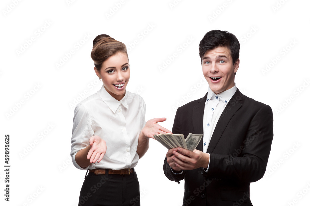young happy business people holding money young happy business people holding money