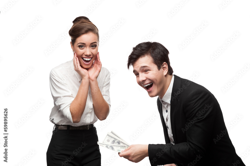 young happy business people holding money young happy business people holding money