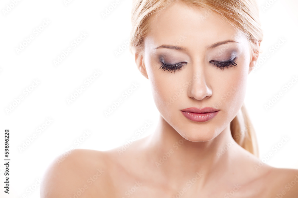portrait of beautiful calm woman on white background portrait of beautiful calm woman on white background