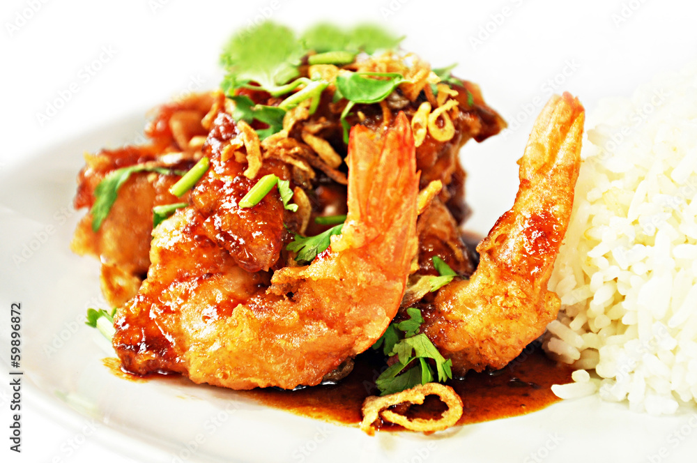 Thai food - deep fried prawns in Tamarind sauce with steam rice Thai food - deep fried prawns in Tamarind sauce with steam rice