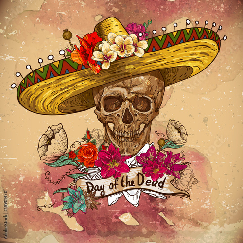 Skull in sombrero with flowers Day of The Dead