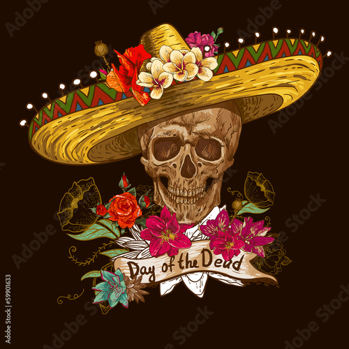 Skull in sombrero with flowers Day of The Dead
