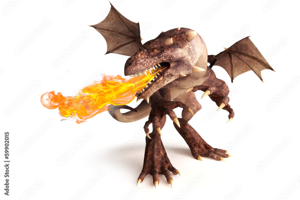Obraz premium Fire breathing dragon on a white background.