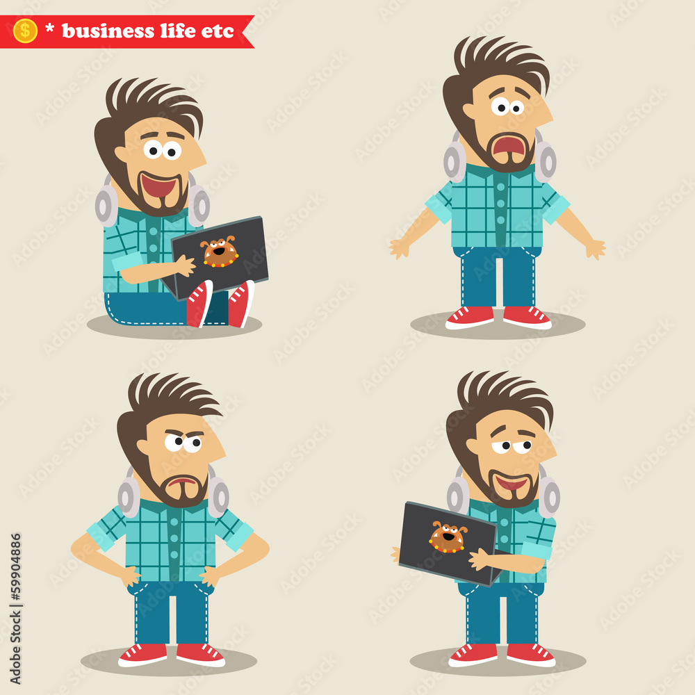 Young IT geek emotions in poses, standing set Young IT geek emotions in poses, standing set