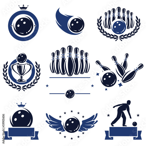 Bowling labels and icons set. Vector