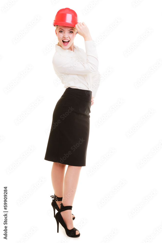Female engineer woman architect in red safety helmet isolated Female engineer woman architect in red safety helmet isolated