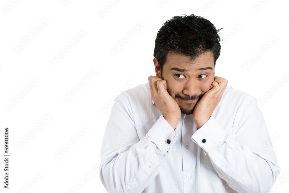 Shy, nervous man, avoiding eye contact, craving for something Shy, nervous man, avoiding eye contact, craving for something