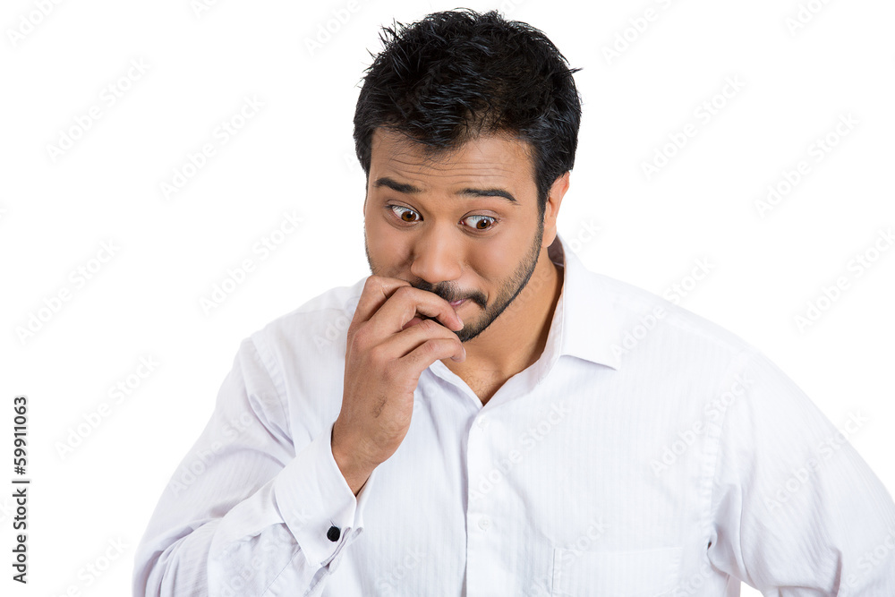 Man feels sorry, awkward and anxious in situation Man feels sorry, awkward and anxious in situation