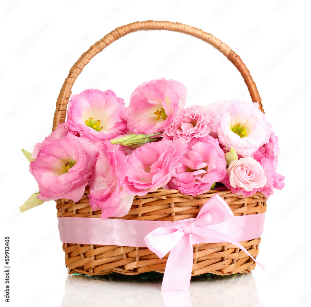 bouquet of eustoma flowers in basket, isolated on white bouquet of eustoma flowers in basket, isolated on white