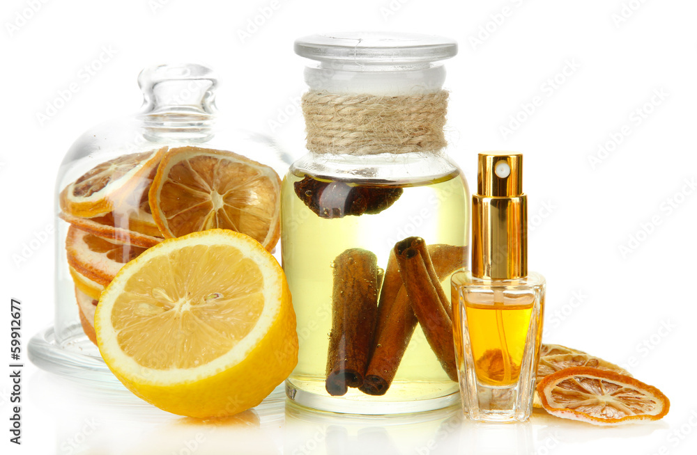 Bottles with ingredients for the perfume, isolated on white Bottles with ingredients for the perfume, isolated on white