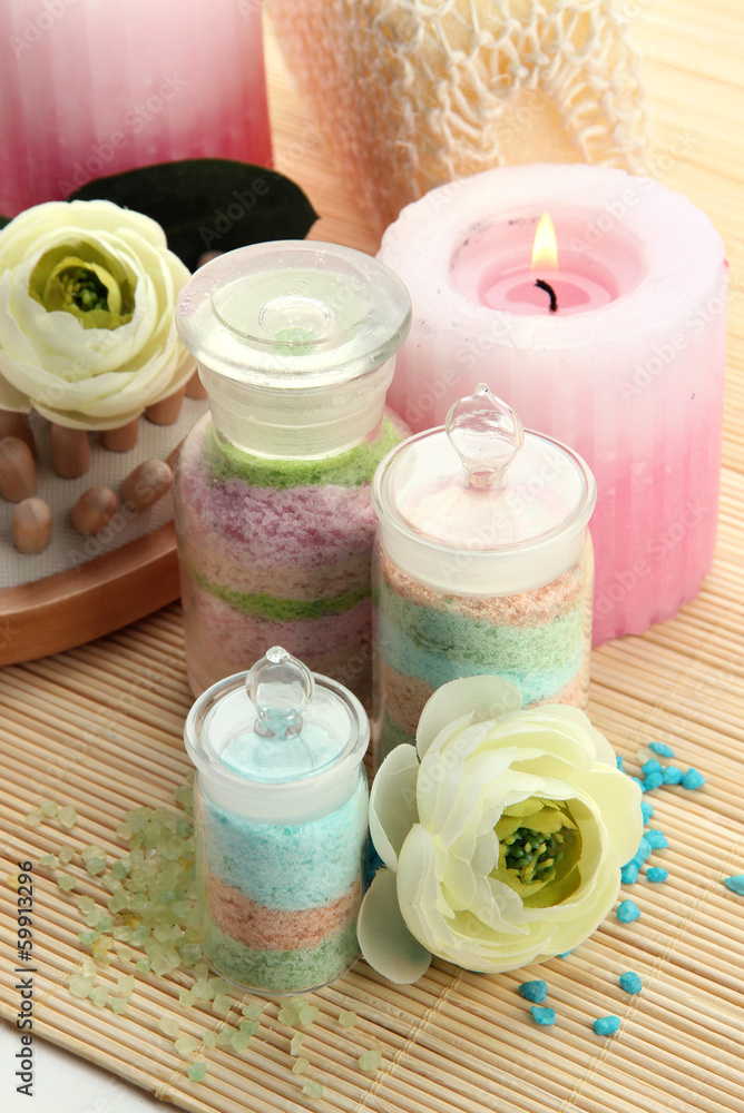 Aromatic salts in glass bottles and spa treatment,