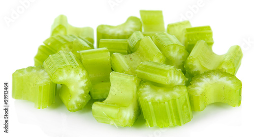 Fresh sliced green celery isolated on white