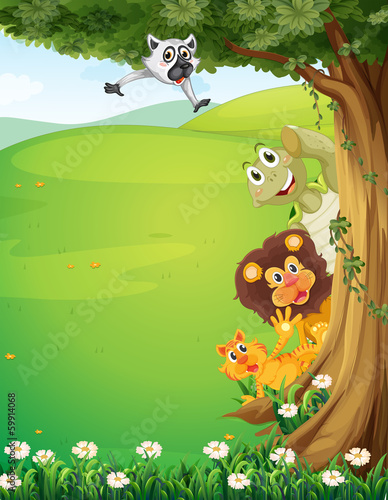 Fototapeta Naklejka Na Ścianę i Meble -  A tree at the top of the hills with animals hiding