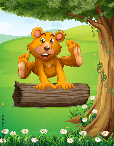 A bear playing with the trunk under the tree