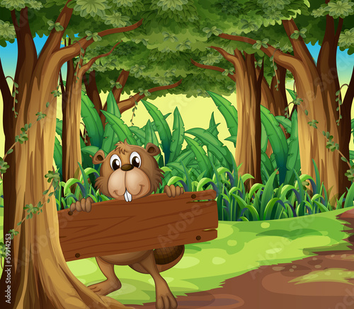 A forest with a beaver holding an empty board under the tree
