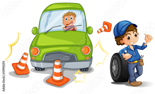 A car bumping the traffic cones
