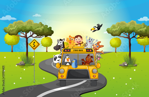 A zoo bus travelling loaded with animals