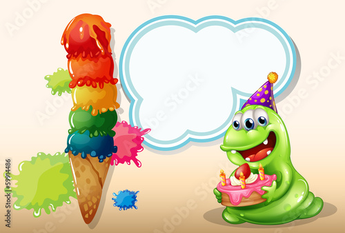 A happy monster holding a cake near the big icecream