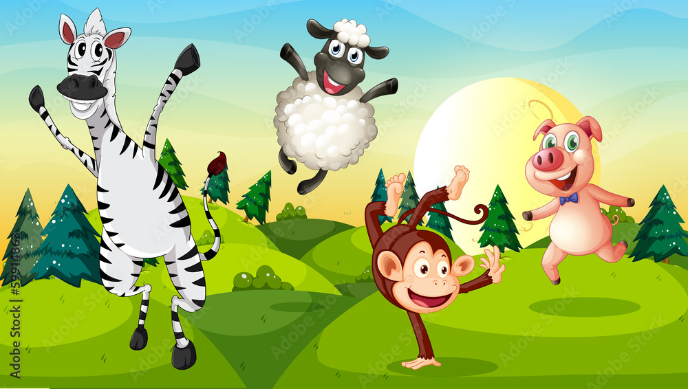 Fototapeta premium A hilltop with playful animals