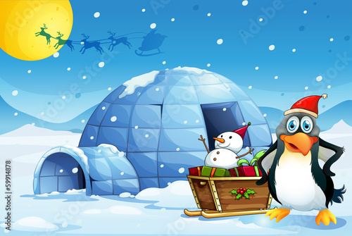 A penguin and the sleigh with a snowman near the igloo