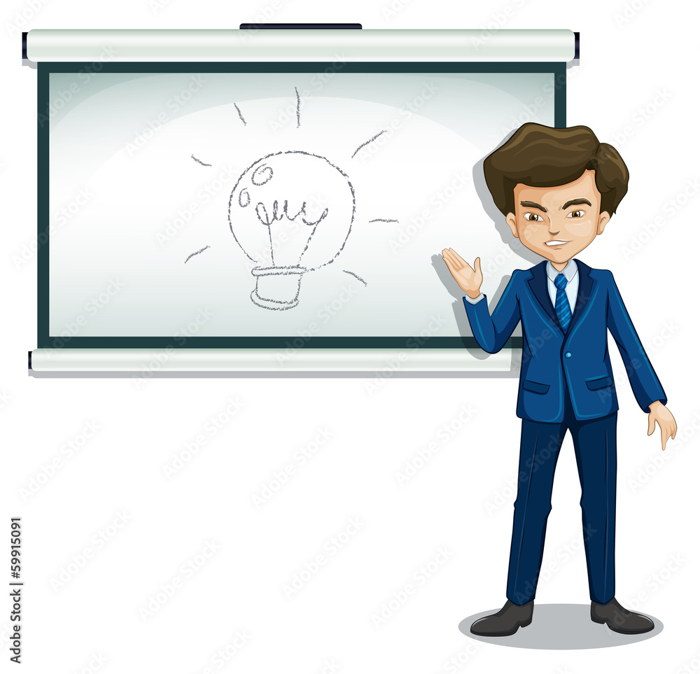 A man in front of the bulletin board with an image A man in front of the bulletin board with an image