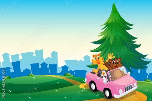 A pink car with animals running at the hilltop