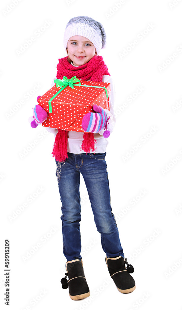 Beautiful little girl holding present box isolated on white Beautiful little girl holding present box isolated on white