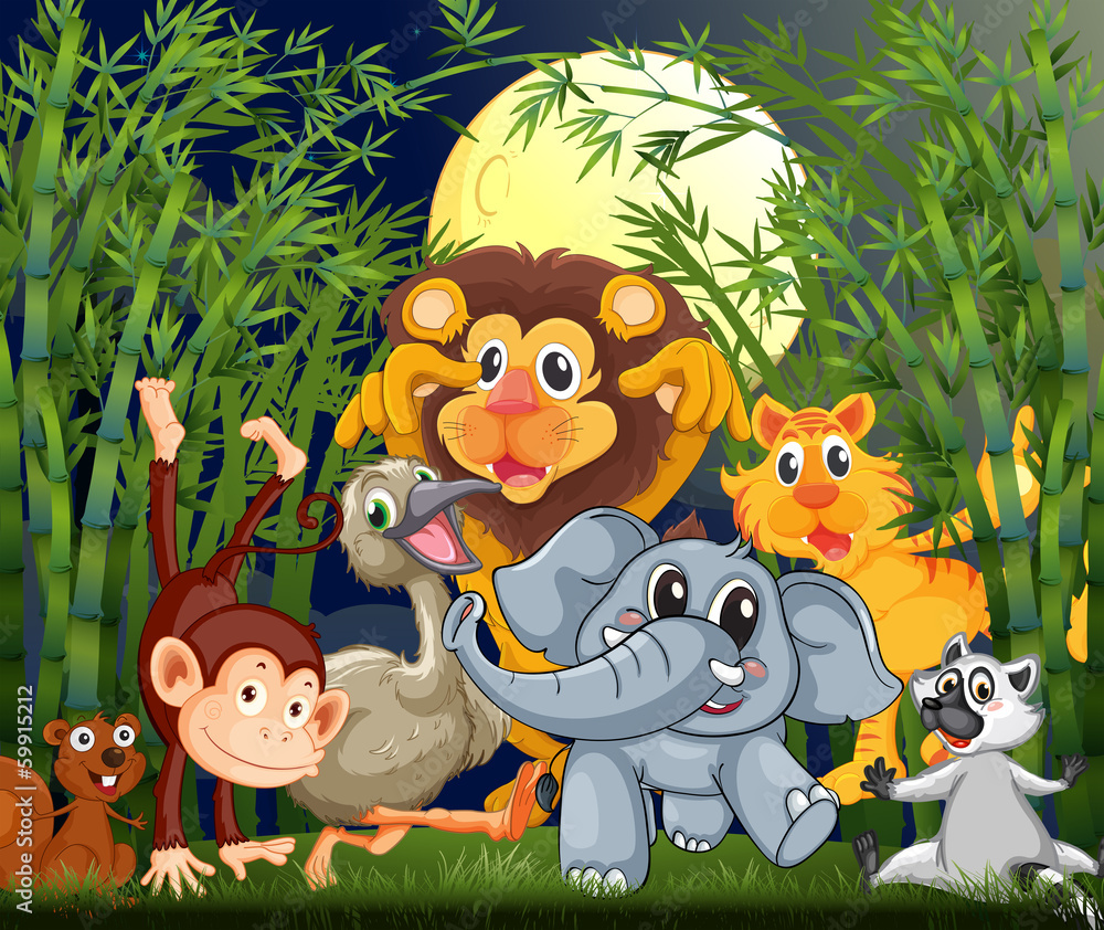 Naklejka premium A rainforest with animals strolling in the middle of the night