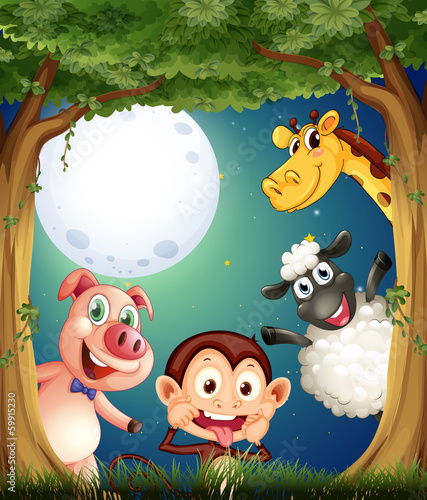 Four animals playing at the forest under the bright fullmoon