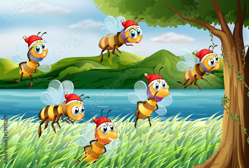 A group of bees going to the tree at the riverbank