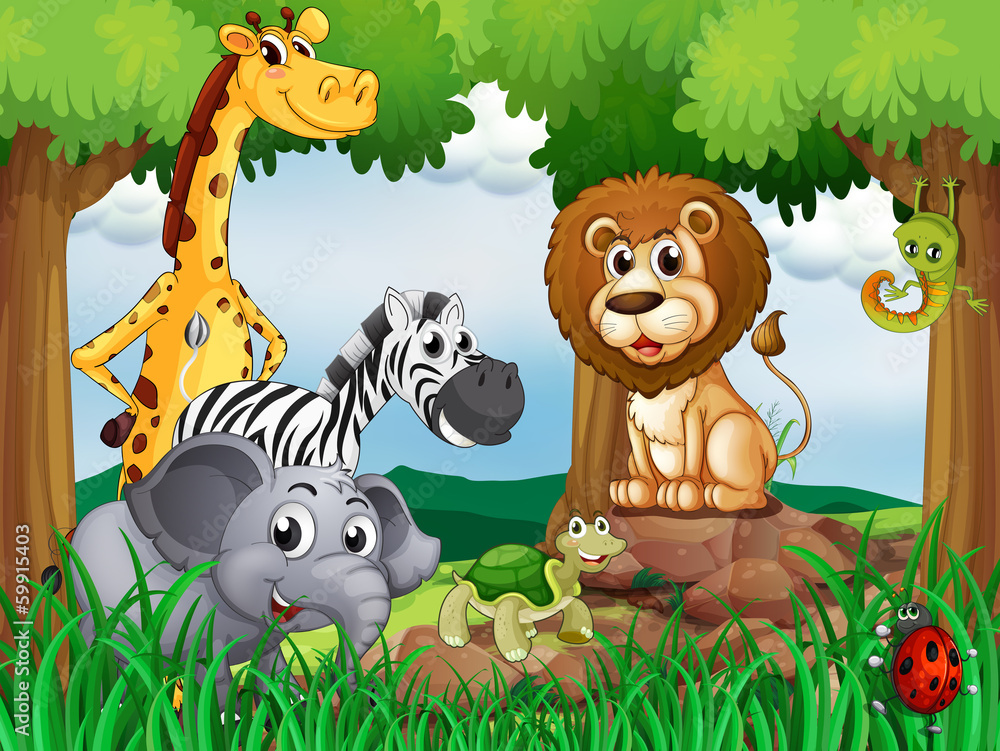Naklejka premium Grupa zwierząt w środku lasu