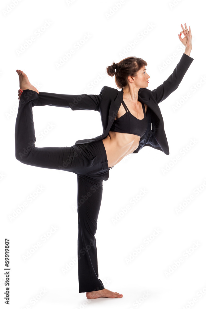Woman in Yoga Pose Wearing a Business Suit. Woman in Yoga Pose Wearing a Business Suit.