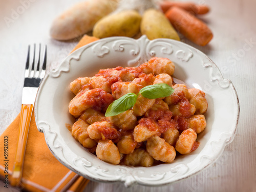 homemade gnocchi with tomato sauce, selective focus