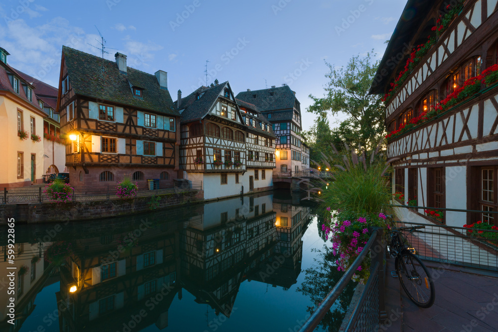 The Petite-France area in night Strasbourg.