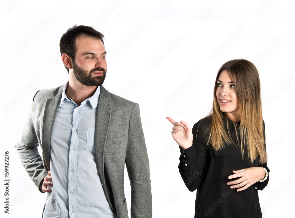 Men seducing a girl over white background Men seducing a girl over white background