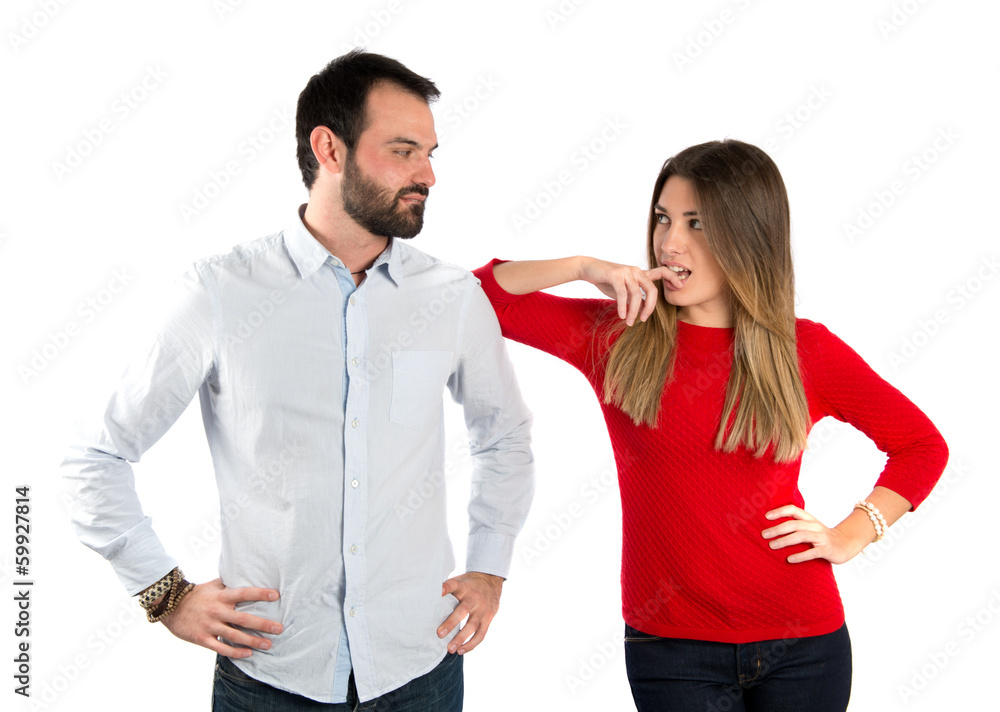 Girl seducing a man over white background Girl seducing a man over white background