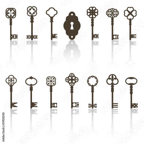 Collection of antique keys, keyhole with shadows.