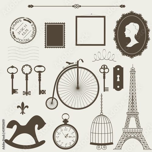 Vintage objects silhouettes vector set.
