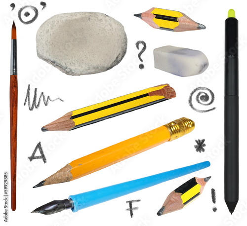 set old pencil, erasers, brush, ink pen, wireless pen