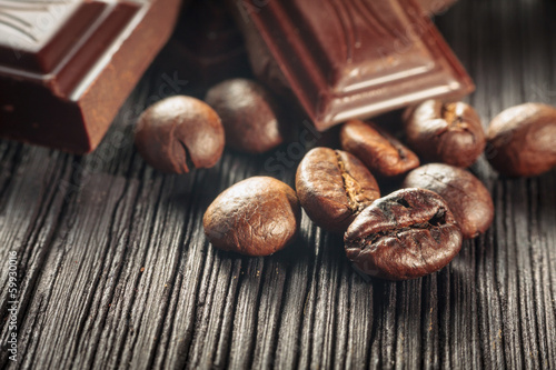 close up of chocolate and coffee beans, shallow dof