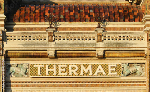 Detail of Berzieri Baths building in Salsomaggiore Terme, Italy