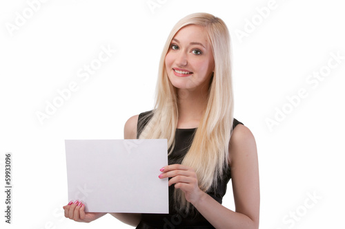 Smiling woman holding blank card.